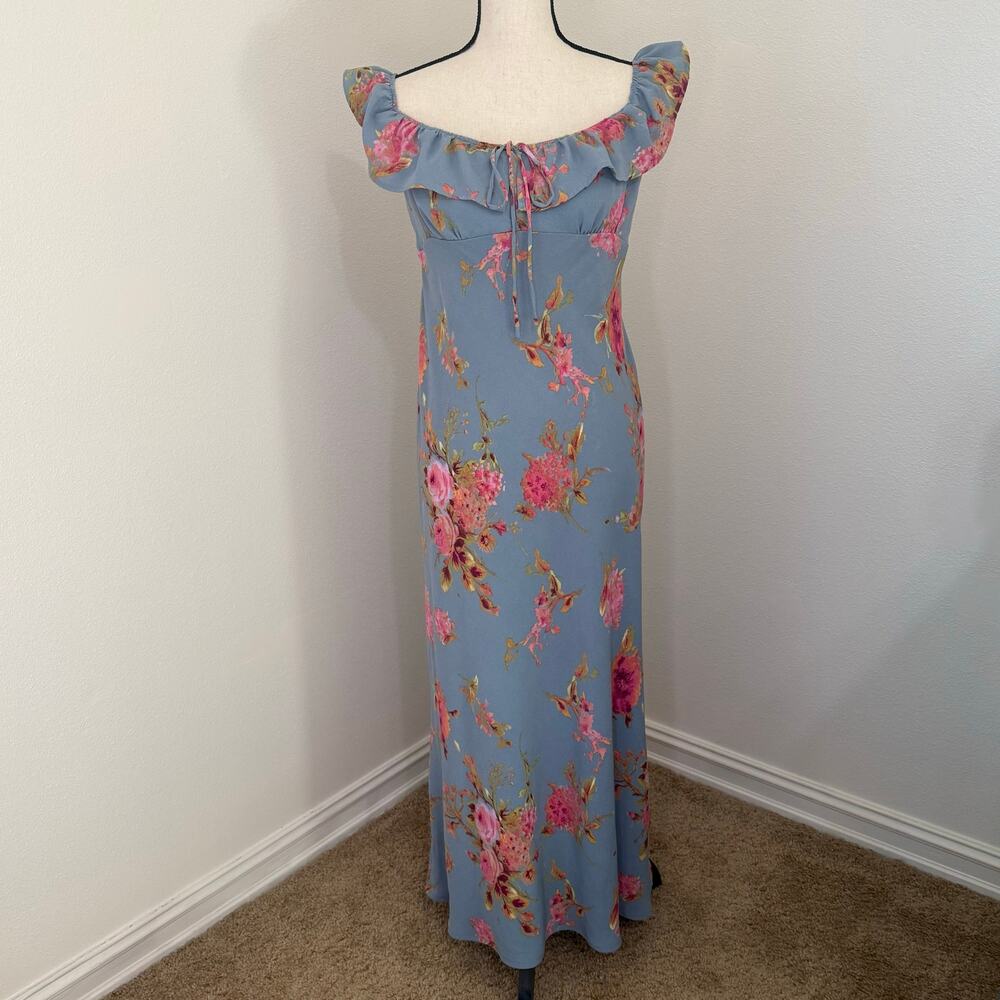 Wild Fable Blue Pink Floral Ruffle Chiffon Empire Waist Maxi Dress Womens XL